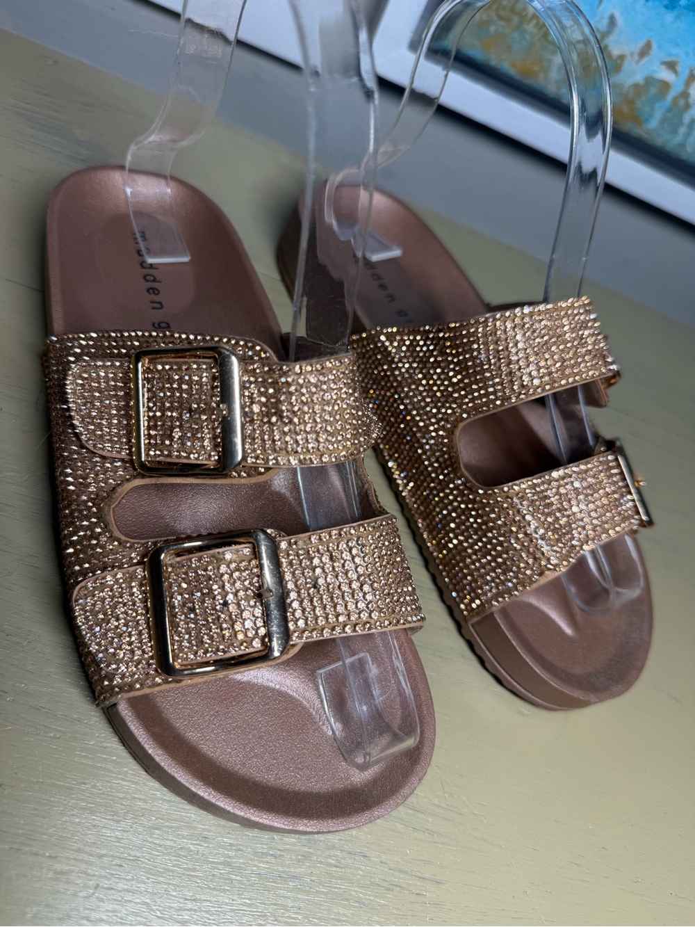 Madden Girl Teddy Rose Gold Rhinestone Double-Buckle Slide Sandals